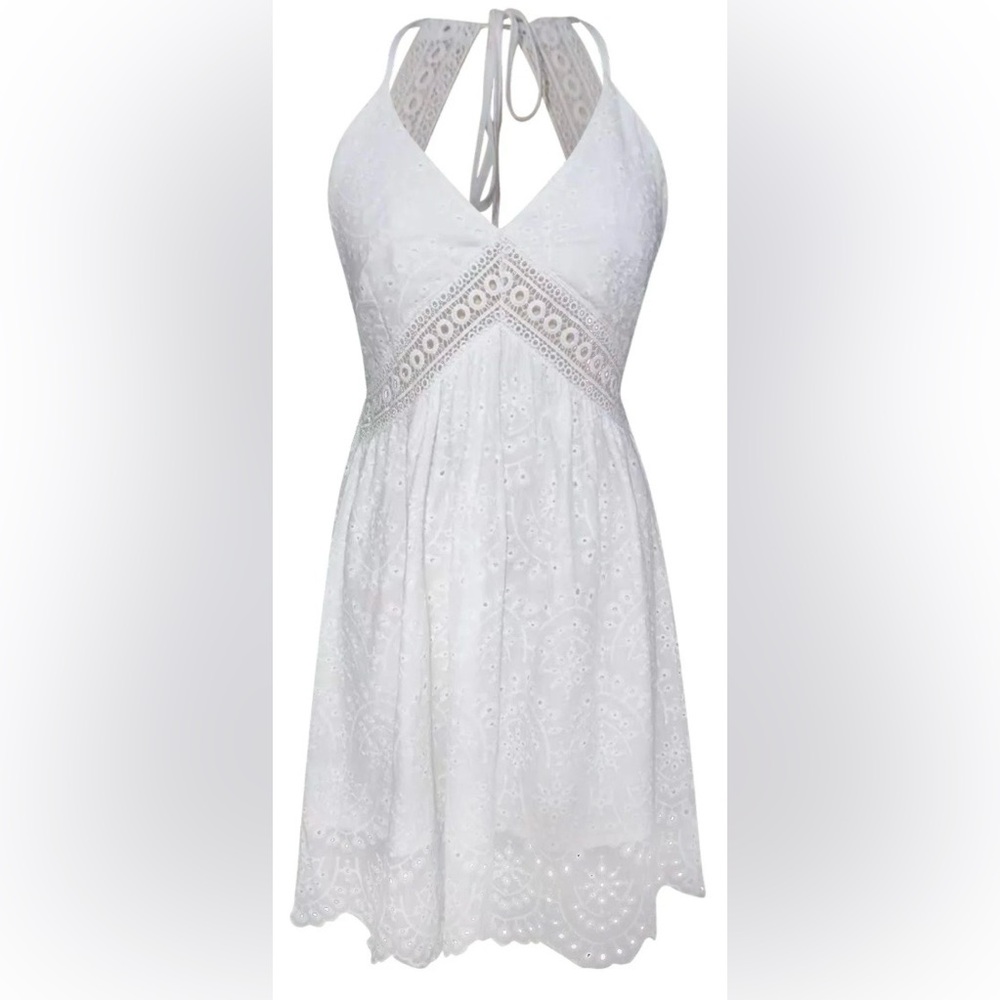 White Sleeveless Halter Embroidered Eyelet Summer Dress